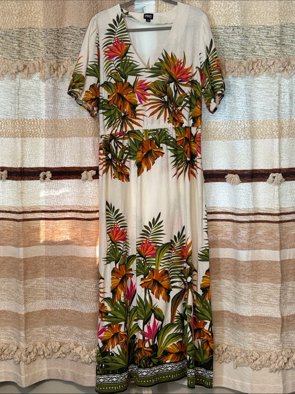 INC International Concepts Cream Tropical Leaf Maxi Dress